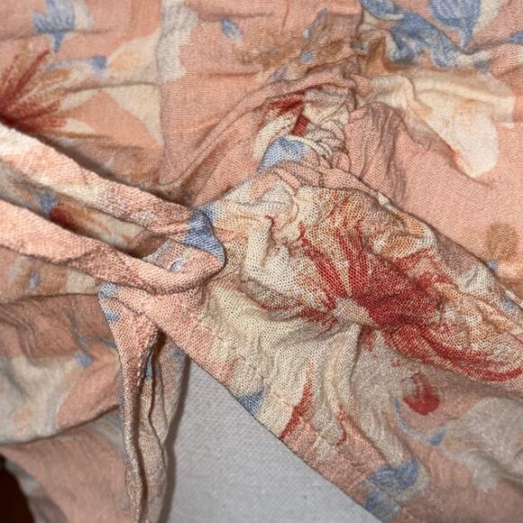 Ruched Tie Front Crop Top Long Sleeve Pink Floral Boho Peasant Soft Gauzy Large - Picture 10 of 10